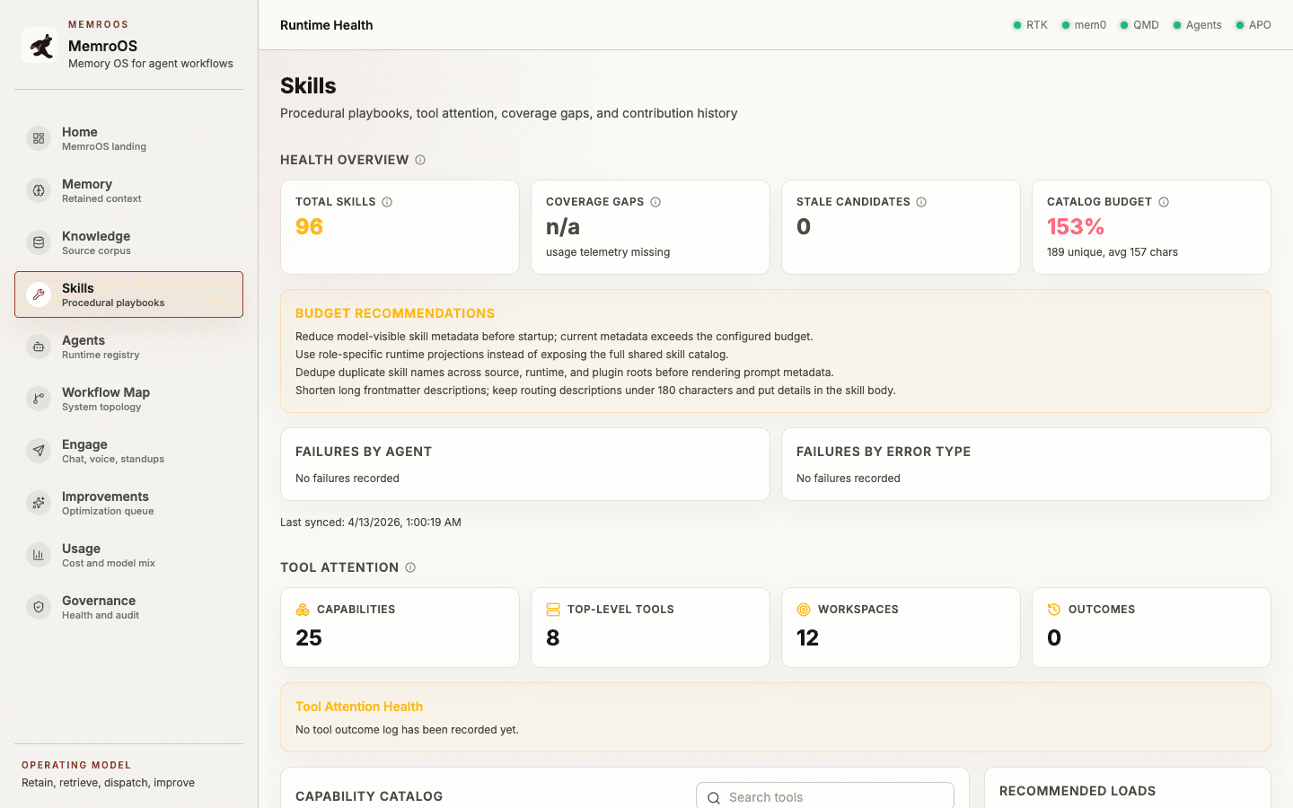 MemroOS skills page showing procedural playbooks and skill analytics