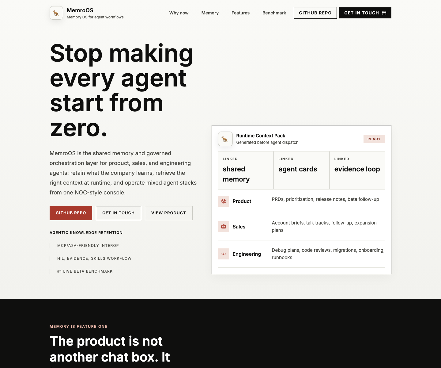 MemroOS landing page showing the runtime context pack for product, sales, and engineering agents